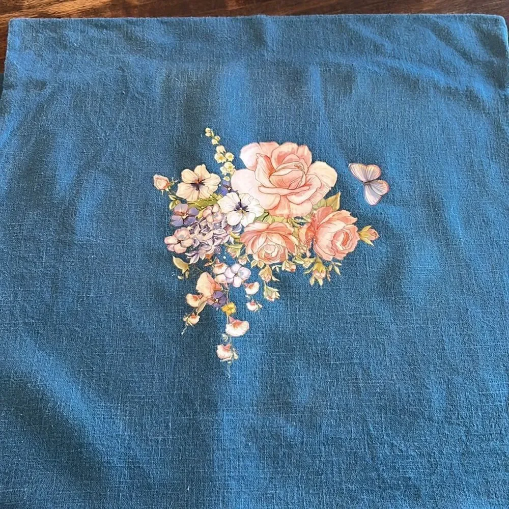 IKEA Blue Upcycled Pillow Covers w/ Floral Transfers w/ Zipper Closure- 2 pcs.